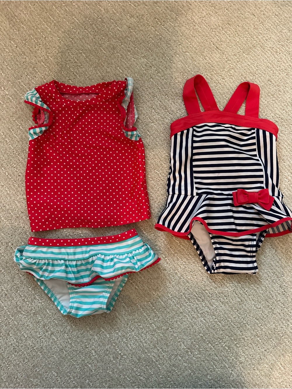 Kids Red Polka Dot Tankini & Navy Stripe Swimsuit Set